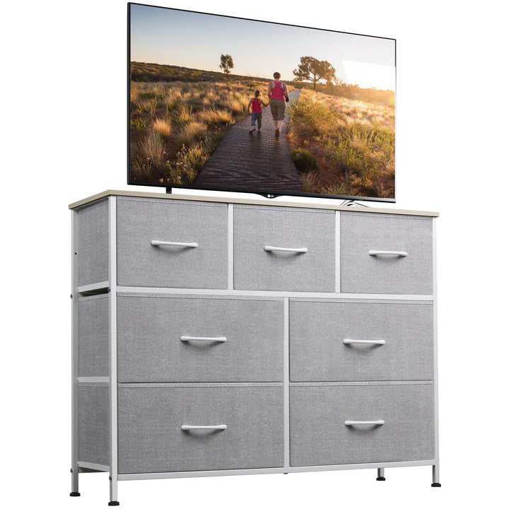 Dark Grey Dresser TV Stand with 7 Fabric Drawers | WLIVE