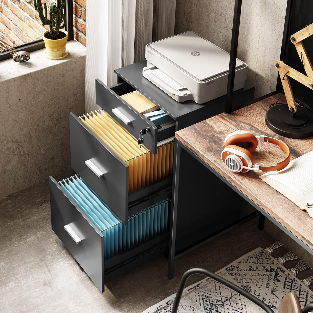 Devaise 3 Drawer Rolling File Cabinet with Lock - detail view