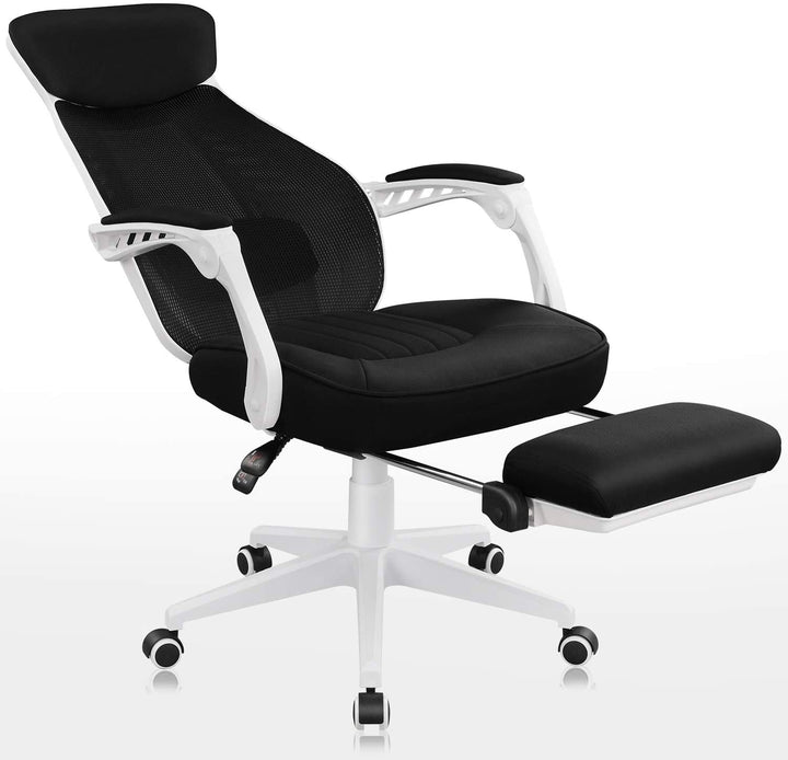 White Ergonomics Recliner Office Chair with Footrest Support | DEVAISE