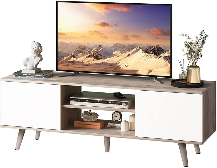 Greige White Mid Century Modern TV Stand for 60 inch TV with Storage Cabinet | WLIVE