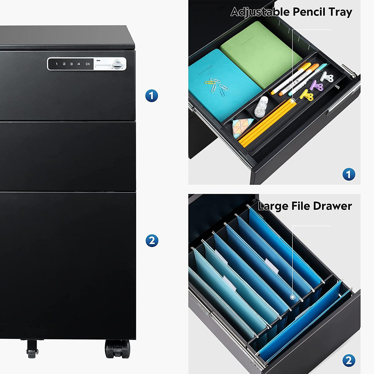 Metal 3 Drawer Mobile File Cabinet with Smart Lock – Devaise