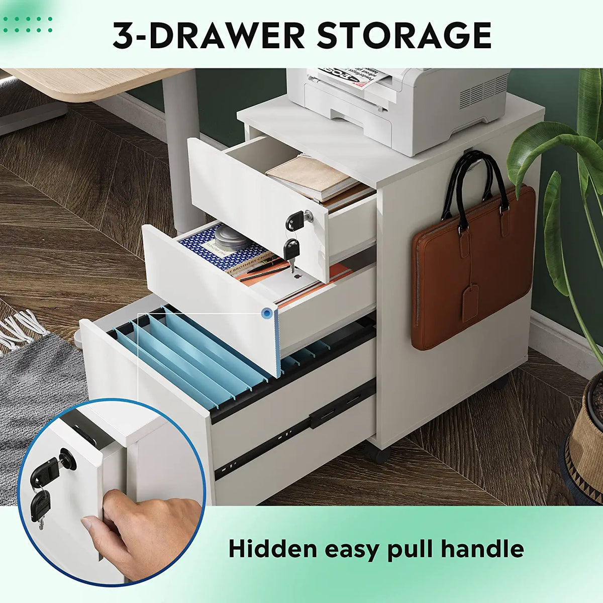 Wood White 3 Drawer File Cabinet with Lock – Devaise