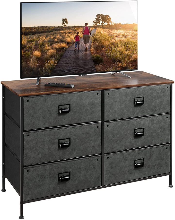 Black Wide Fabric Dresser TV Stand with 6 Drawers | WLIVE
