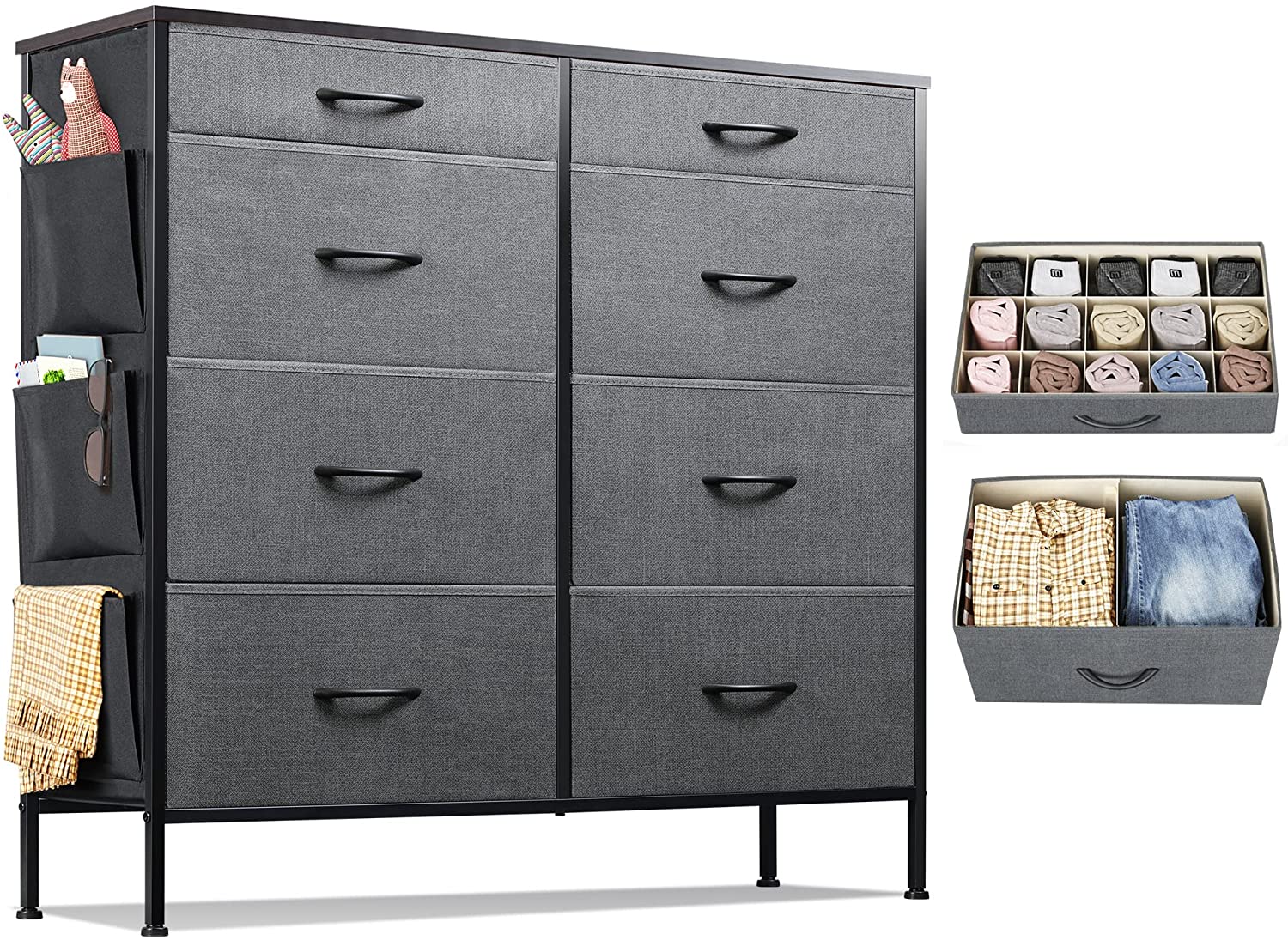 Dark Grey 8 Drawer Fabric Dresser with Side Pockets