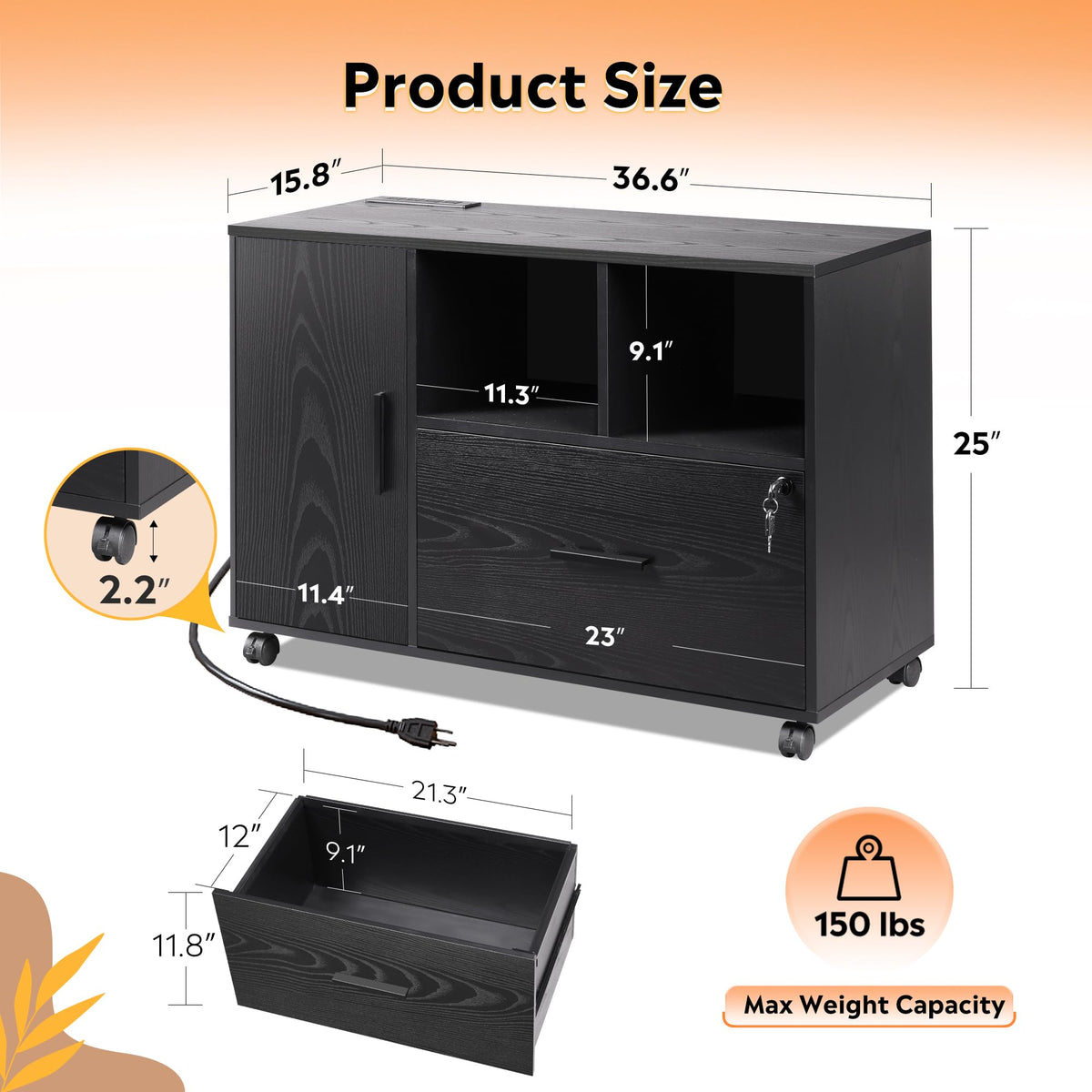 Office File Cabinet with Charging Station and Lock | DEVAISE – Devaise