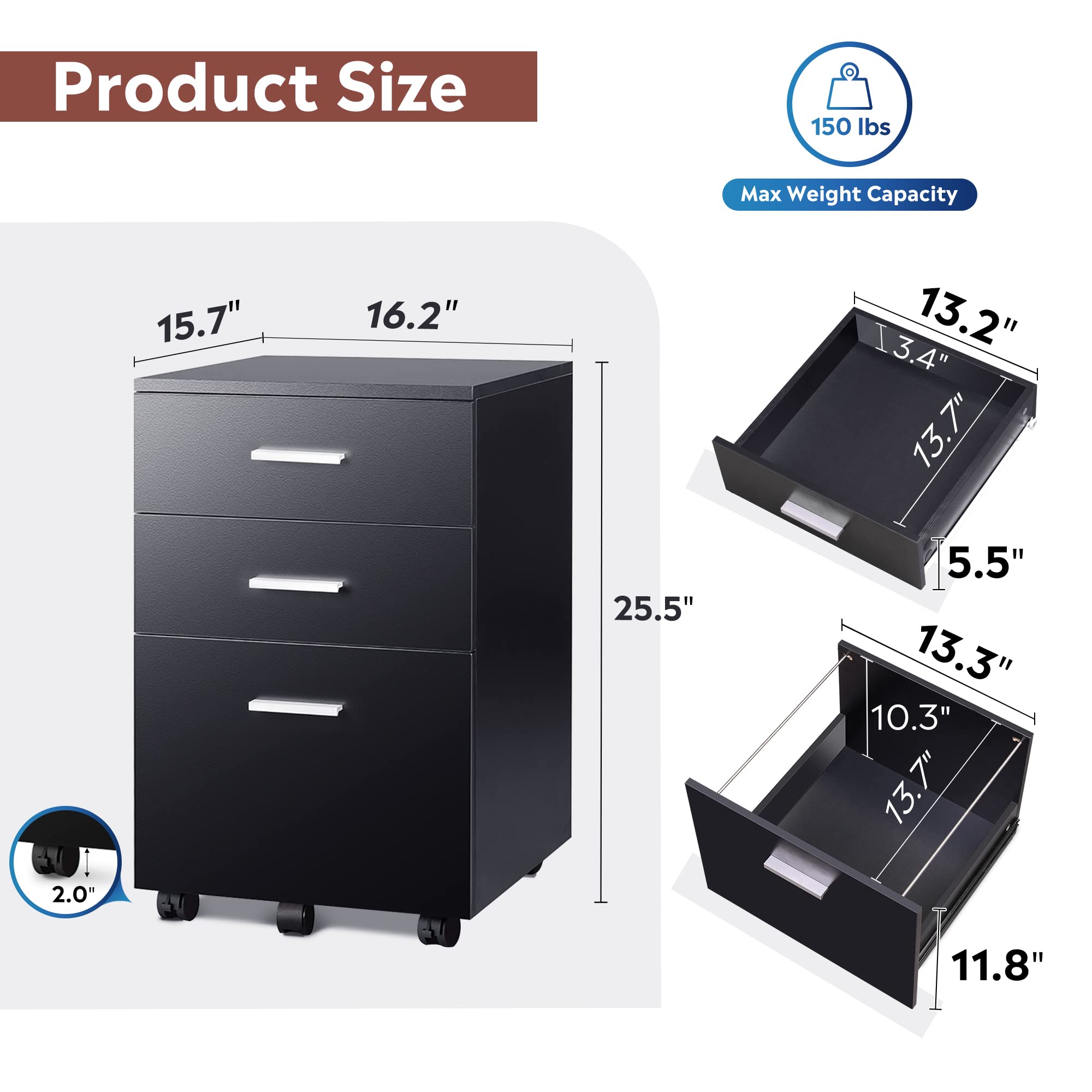 16.2"W Wood 3 Drawer Mobile File DEVAISE Devaise