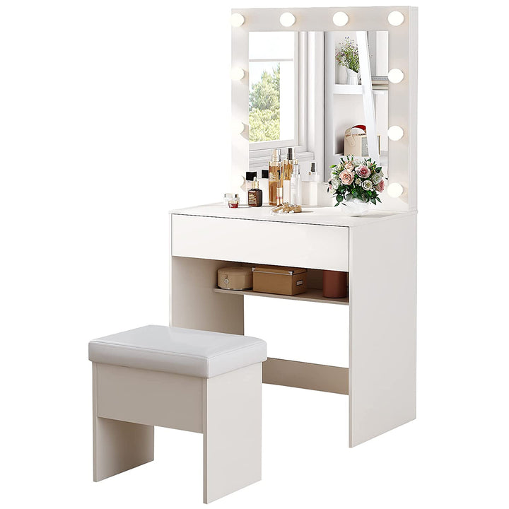 Black/White Makeup Vanity Table with 3 Color LED Lighted Mirror | M&W