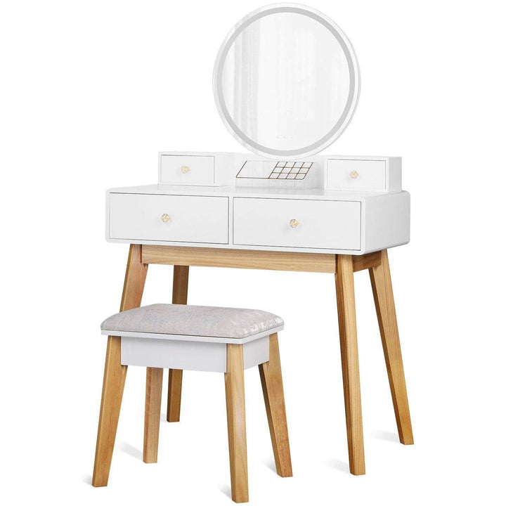 Makeup Vanity Table Set with Round Mirror, White - Devaise