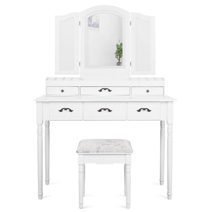 Makeup Vanity Table Set with Tri-Folding Mirror, White - Devaise