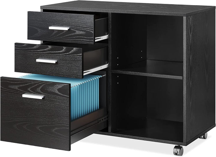 Black 3-Drawer Mobile Lateral Wood File Cabinet with Open Shelves | DEVAISE