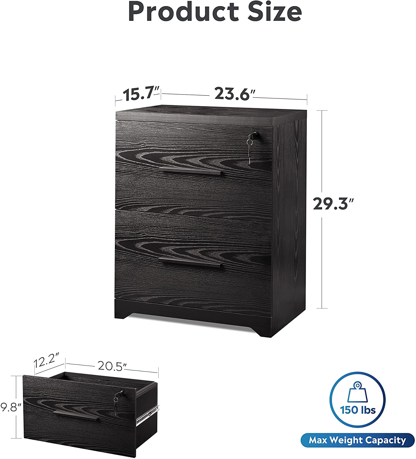 Black 2 Drawer Wood Lateral File Cabinet/Printer Stand with Lock