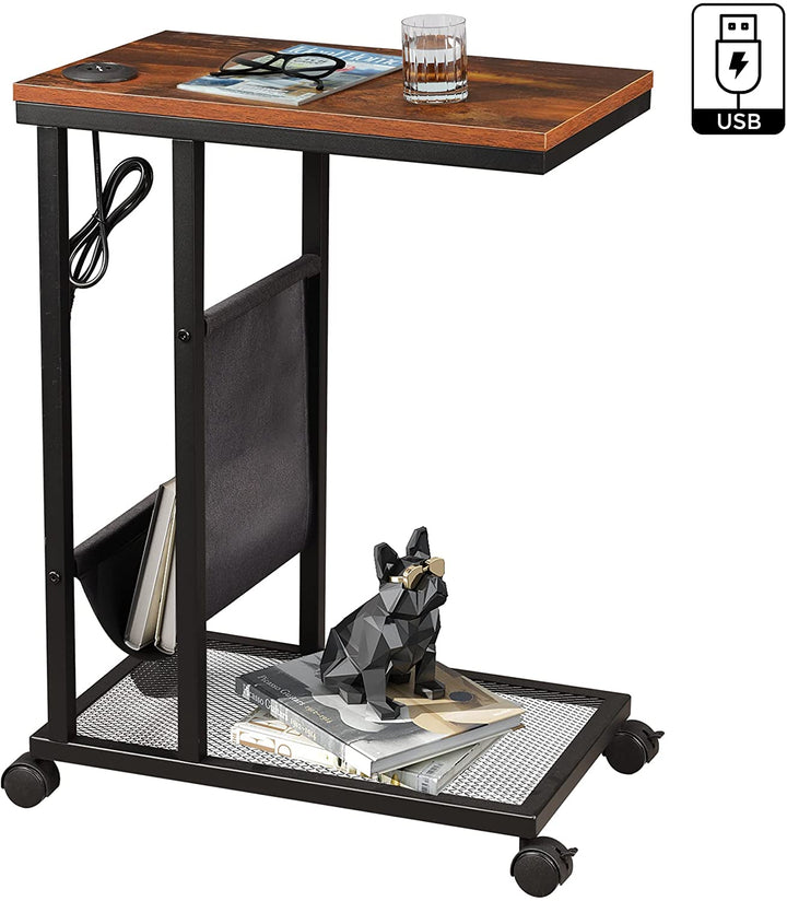 Retro Brown C Shaped Side Table with 2 USB Ports and Side Pocket | WLIVE