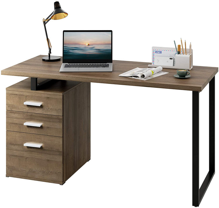 Grey Oak Computer Desk with Reversible File Cabinet | DEVAISE