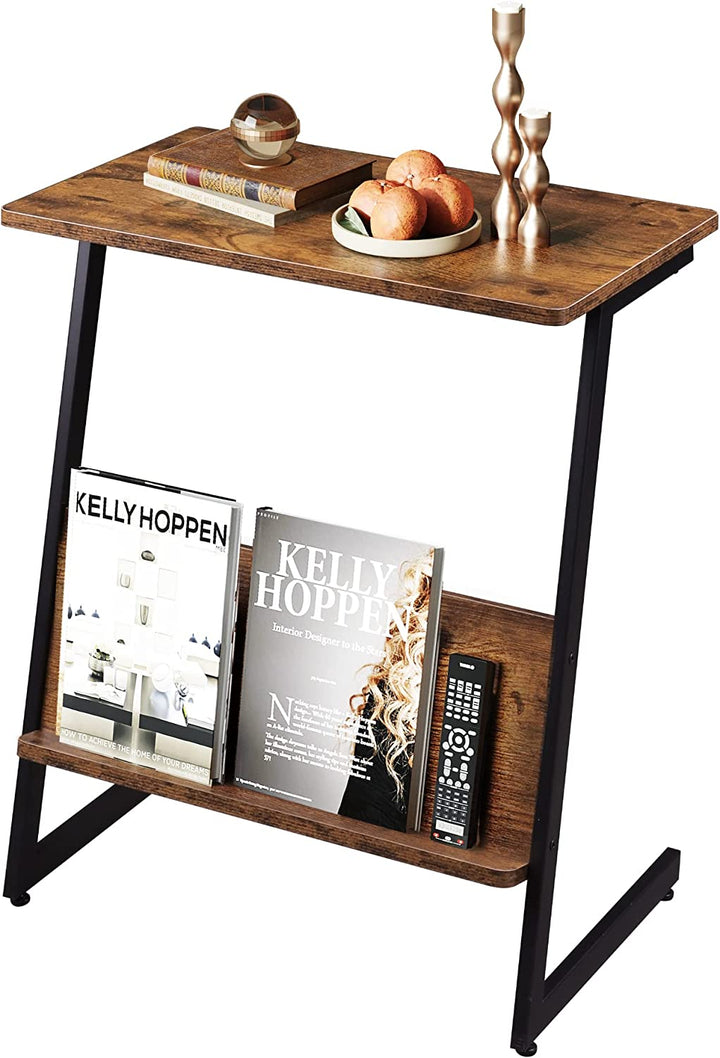 Rustic Brown and Black C Shaped Side Table with Magazine Rack | WLIVE