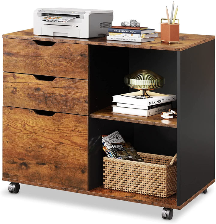 Black/Rustic Brown 3-Drawer Wood File Cabinet/Printer Stand | DEVAISE