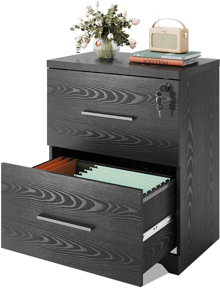 Black 2 Drawer Wood Lateral File Cabinet/Printer Stand with Lock | DEVAISE