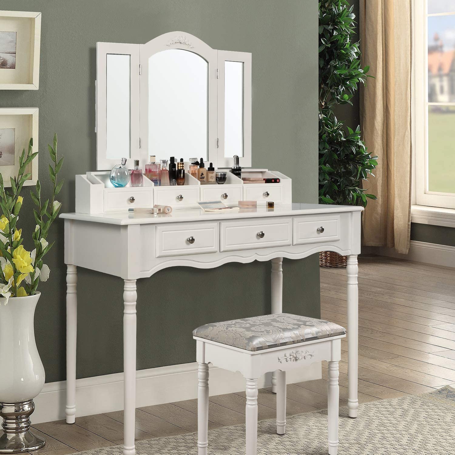 White Makeup Vanity Desk with Mirror M W Devaise