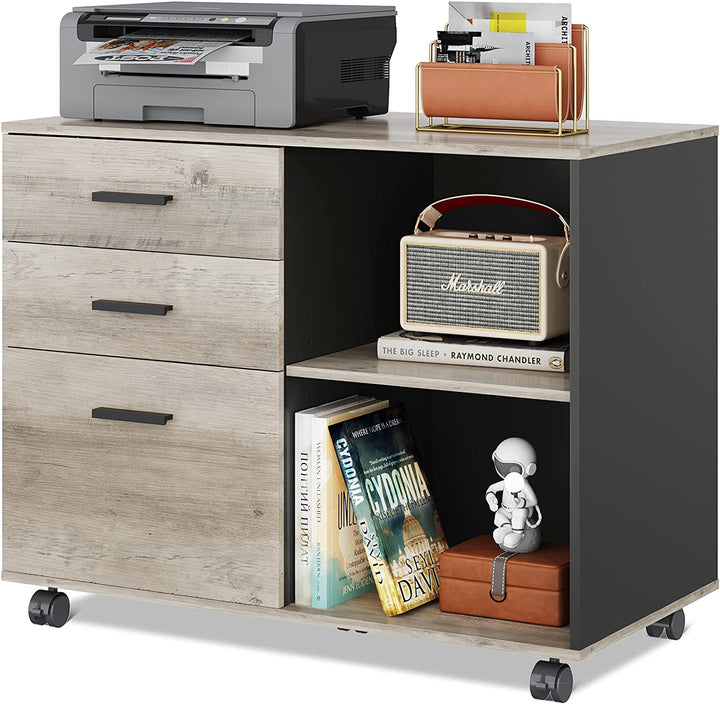 Greige/Rustic Brown 3 Drawer Wood File Cabinet/Printer Stand with Open Storage Shelves | DEVAISE