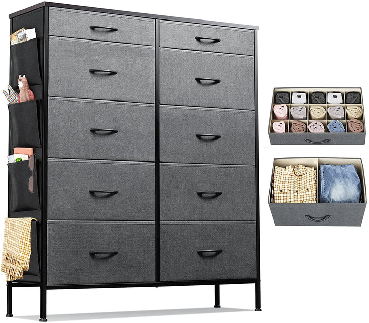 Dark Grey 10 Drawer Fabric Dresser with Side Pockets | WLIVE