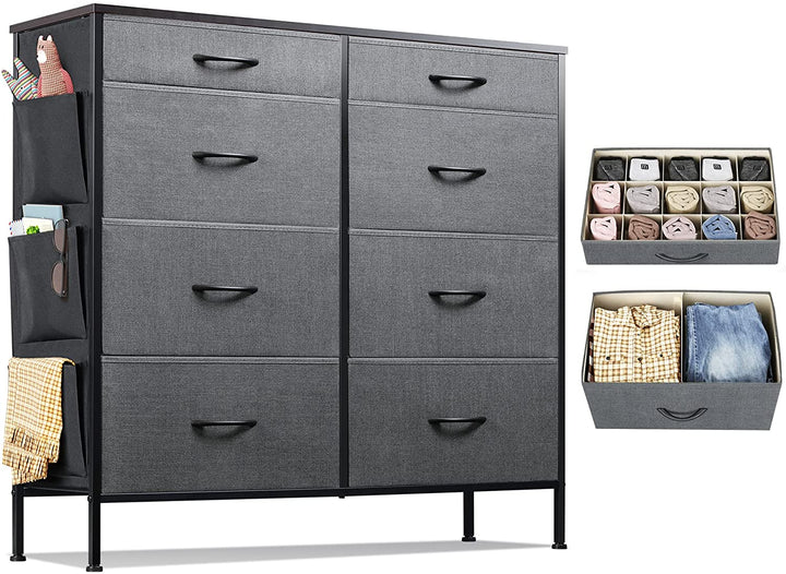 Dark Grey 8 Drawer Fabric Dresser with Side Pockets | WLIVE