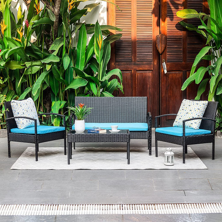 Turquoise cushions / Black wicker 4 Piece Patio Furniture Set | M&W